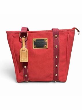 Louis Vuitton Antigua Cabas MM Red Canvas Tote Burgundy Trim with COA
